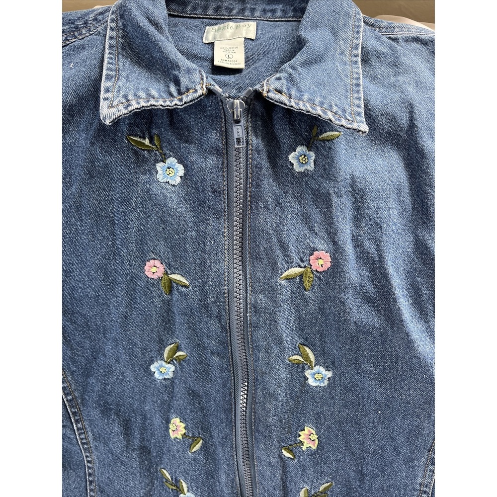 Bugle Boy Women's Size L Jean Jacket Embroidered Flowers Zip Up Denim VTG - Picture 3 of 6